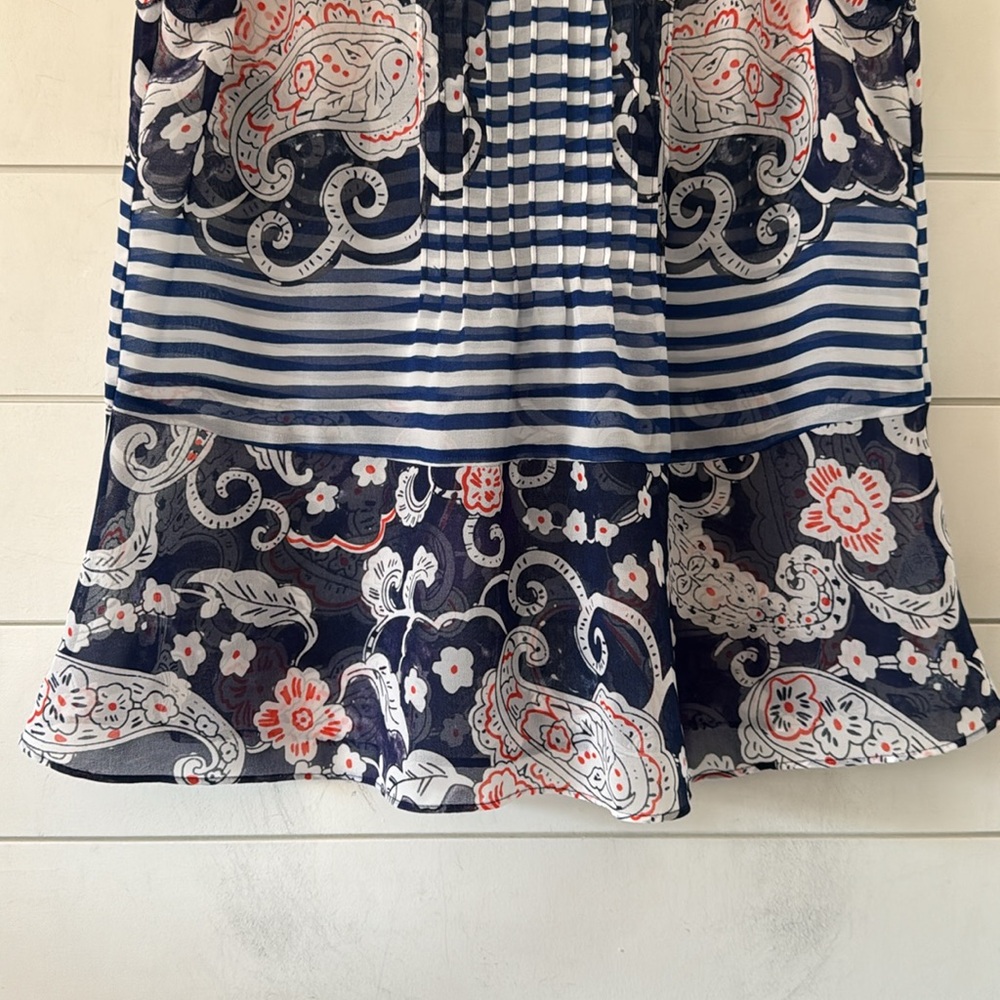 Cabi XS (generous) Floral Paisley Striped Peplum Sheer Ruffled Trim V-Neck Top - Picture 5 of 12
